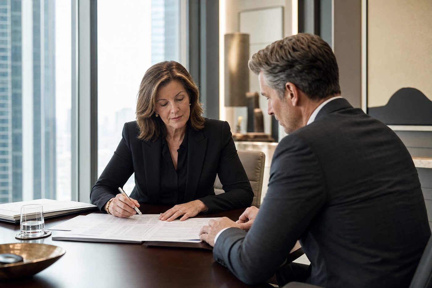 A payment advisor and a business executive reviewing a printed merchant processing statement across a conference table.